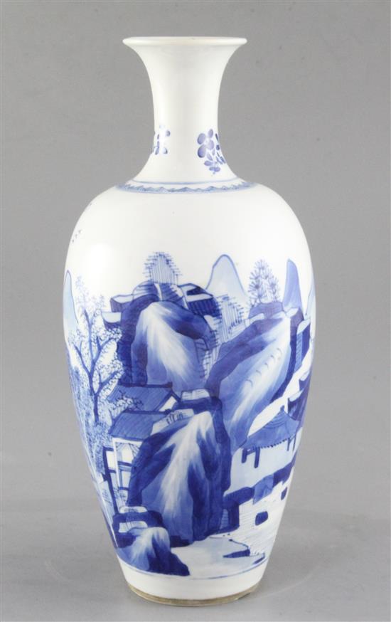 A Chinese blue and white ovoid vase, Kangxi period, height 27.5cm, neck restored